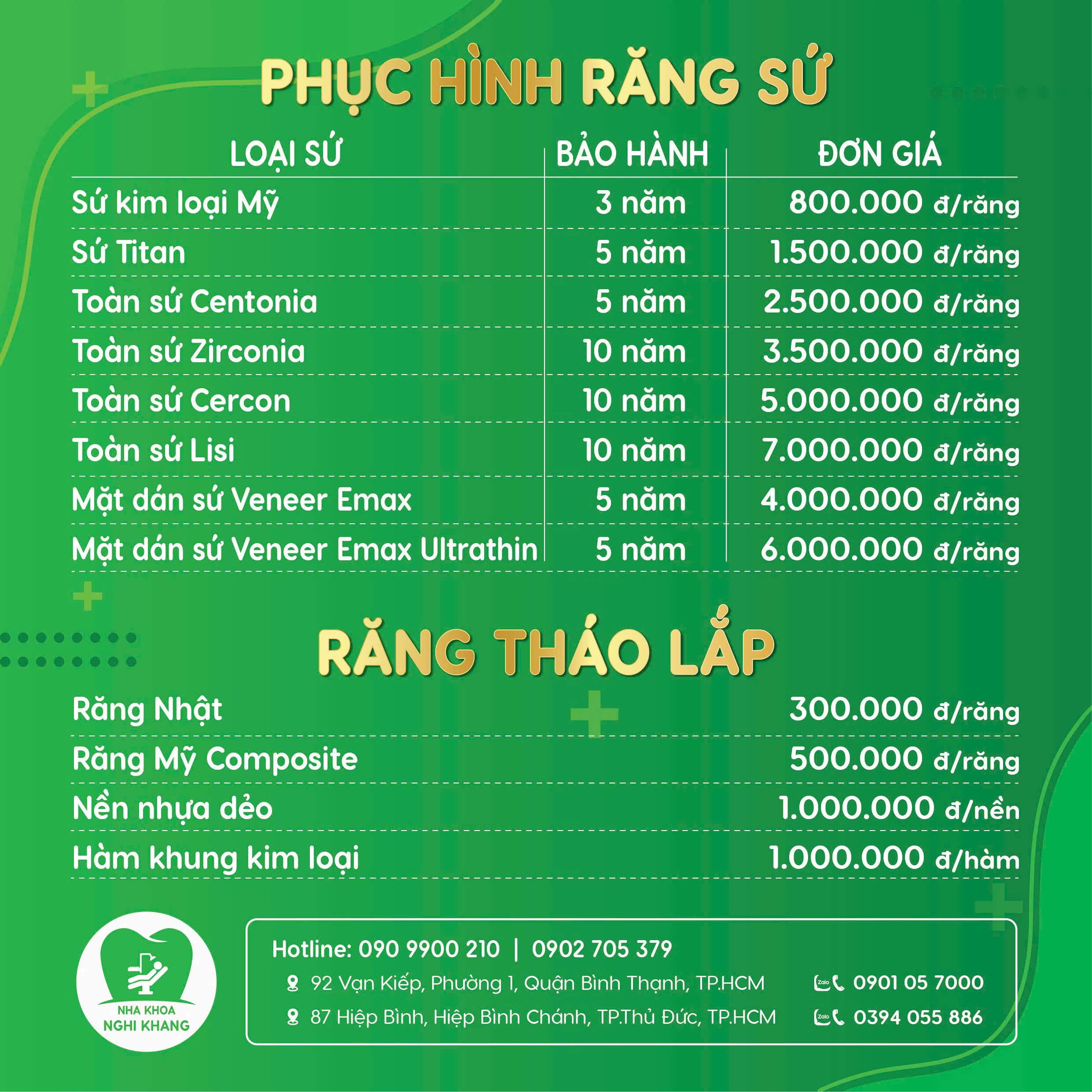 Bảng giá dịch vụ nha khoa 1